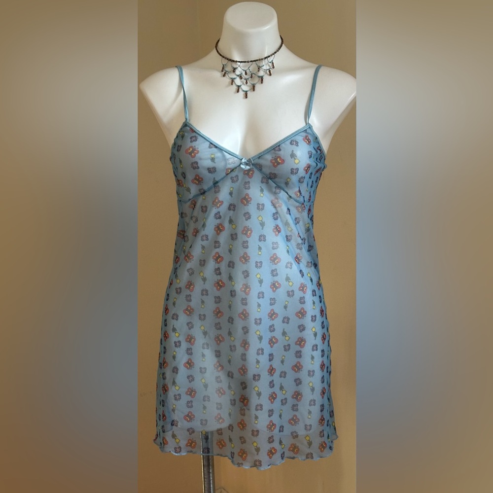 Peeping Tom Sheer Blue Floral & Butterfly Intimate Nightgown Elastic Straps Sz S